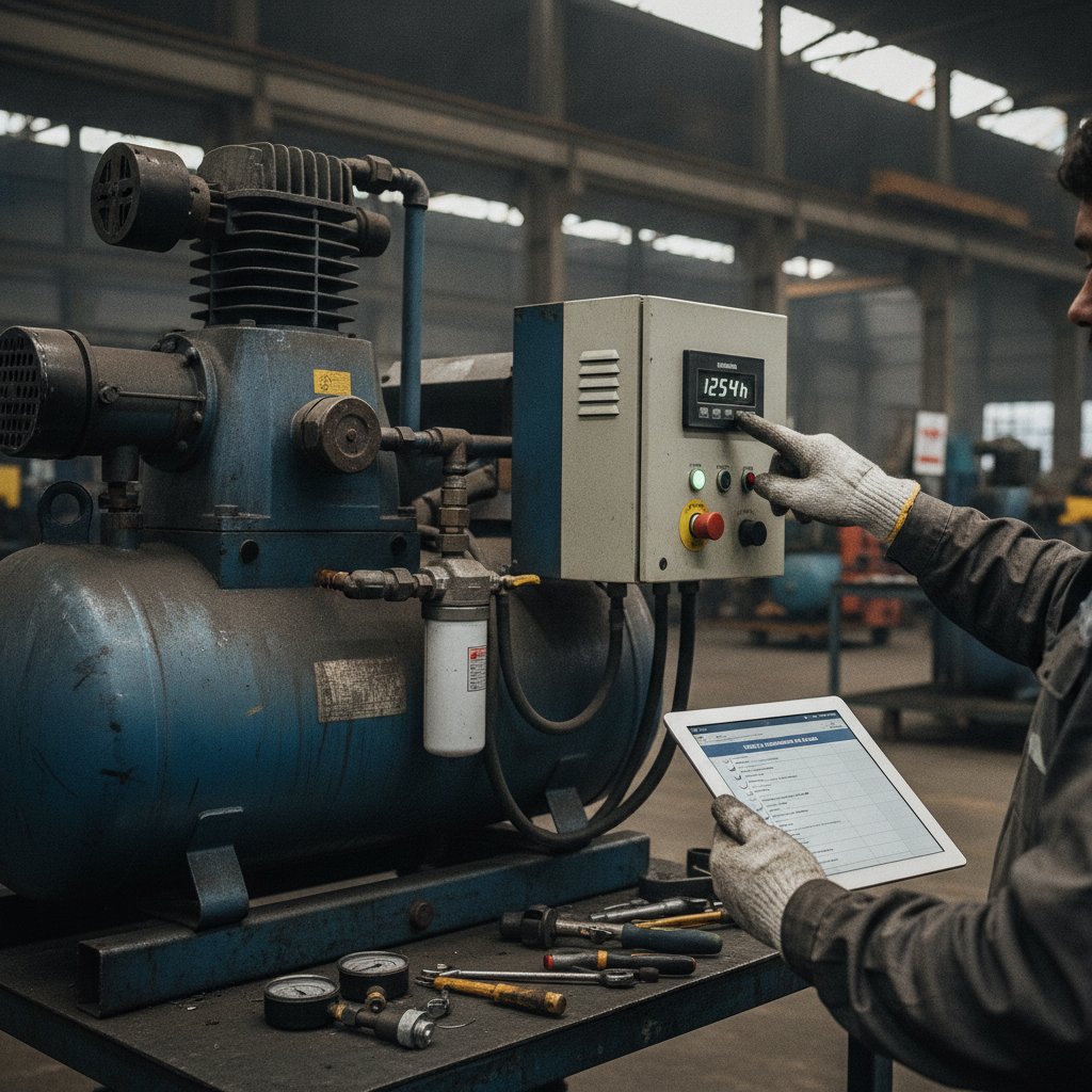 Técnico inspecionando compressor de ar industrial usado, verificando horímetro e condições gerais antes da compra