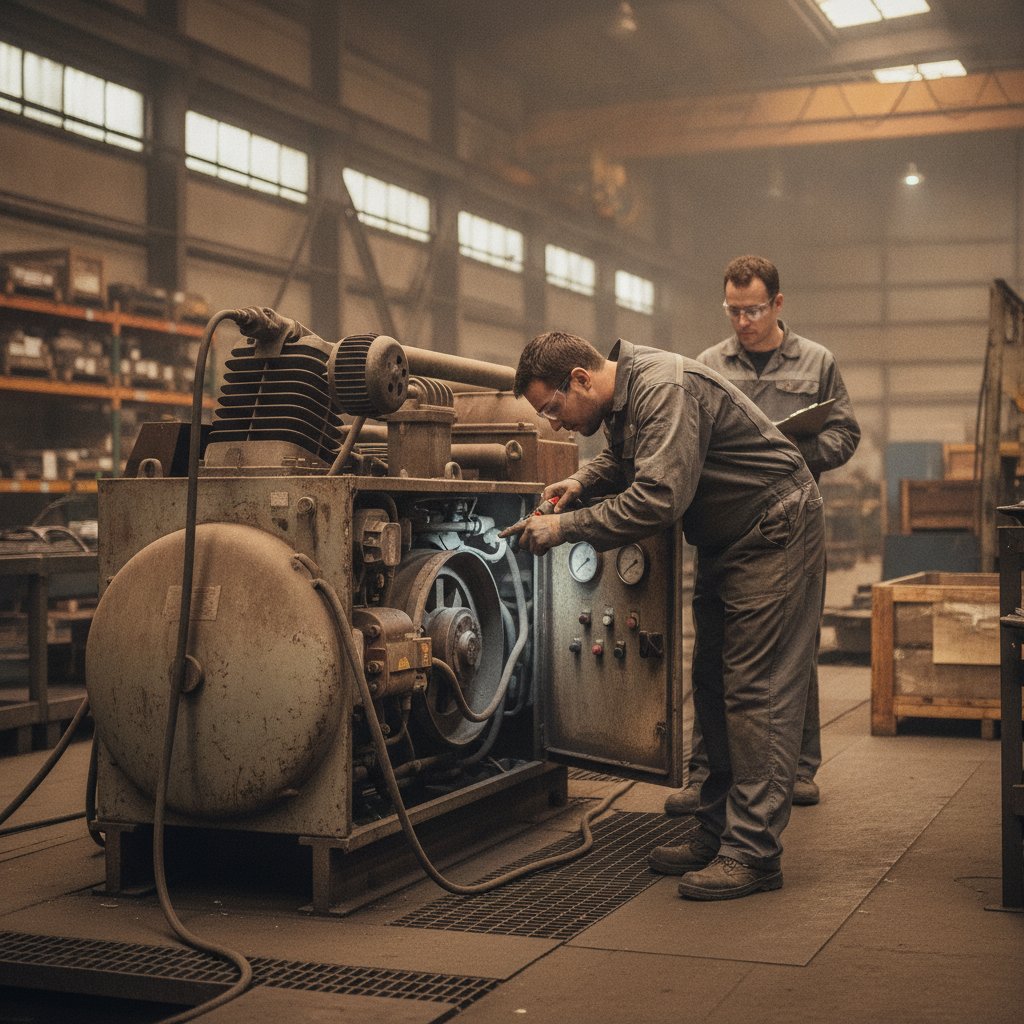 Técnico inspecionando compressor de ar industrial usado antes da compra