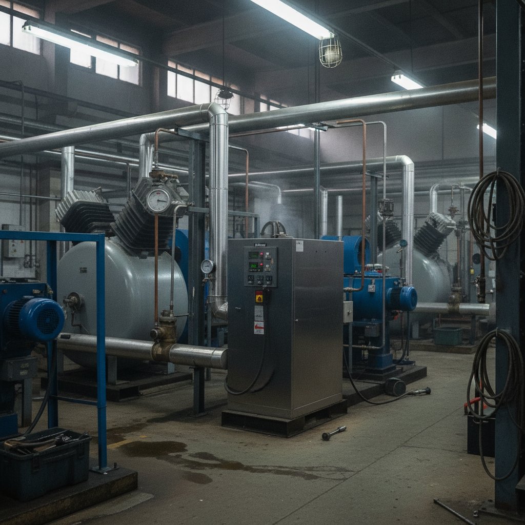 Sala de compressores industriais com tubulação de distribuição de ar e secador frigorífico instalados