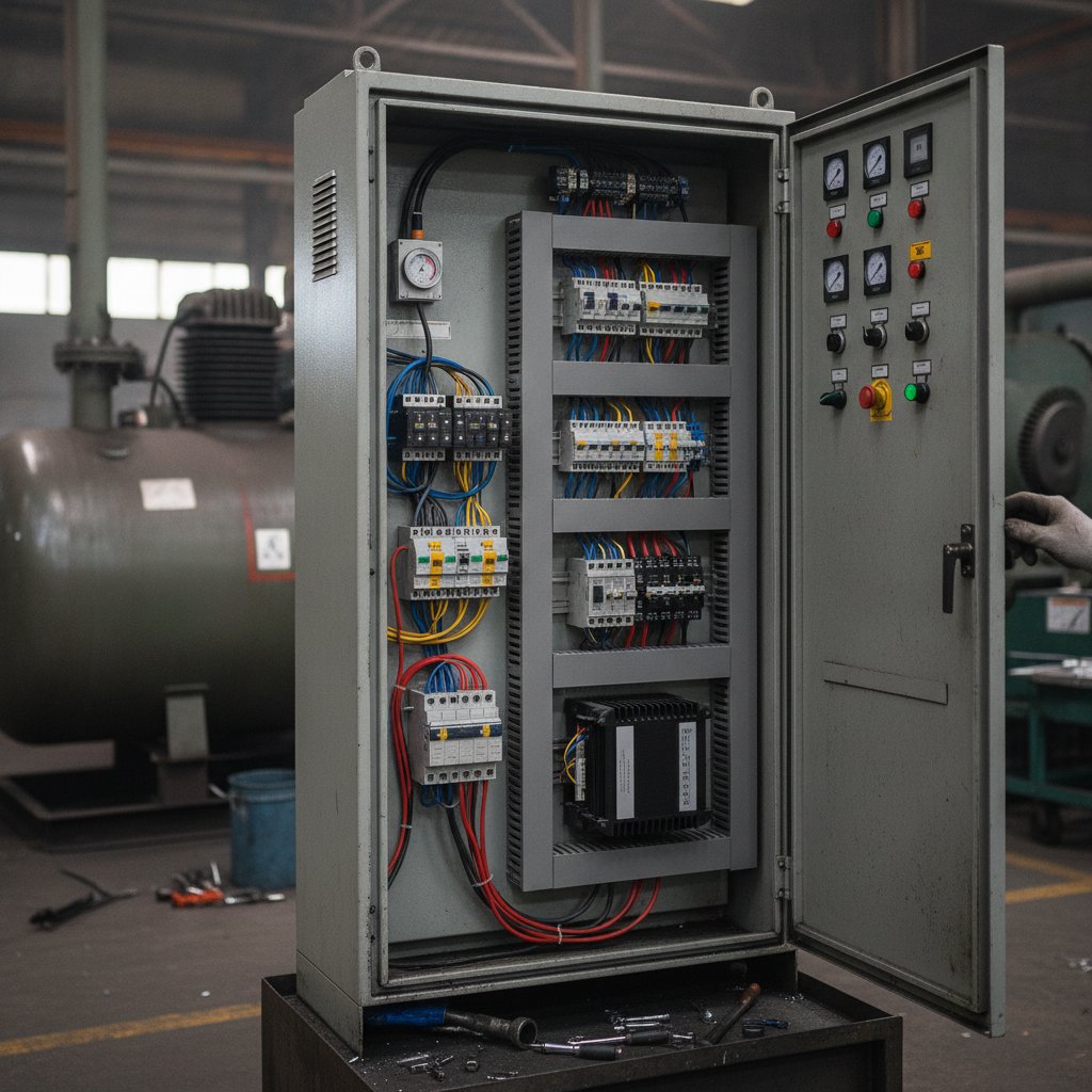 Painel elétrico de compressor industrial com inversor de frequência para controle de consumo de energia