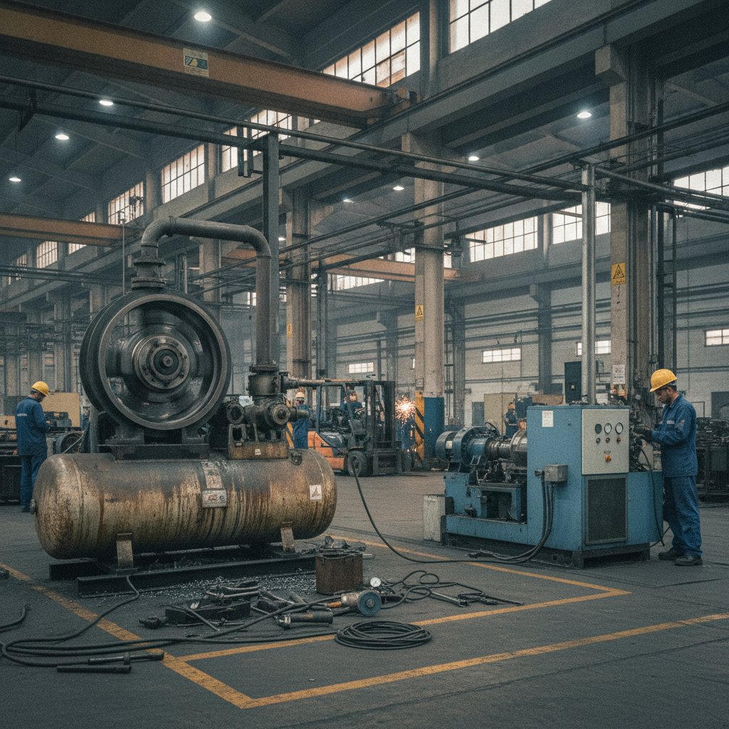 Compressor de pistão e compressor de parafuso lado a lado para comparação em ambiente industrial