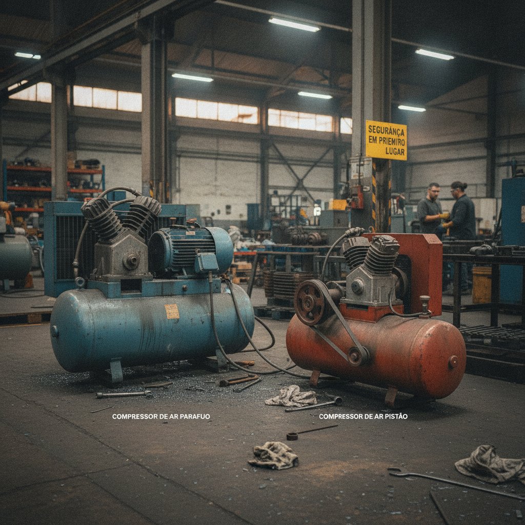 Compressor de pistão bicilíndrico e compressor de parafuso lado a lado para comparação de modelos