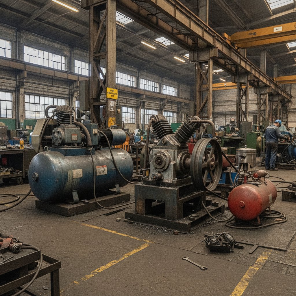 Comparativo entre compressor de parafuso e compressor de pistão lado a lado em galpão industrial