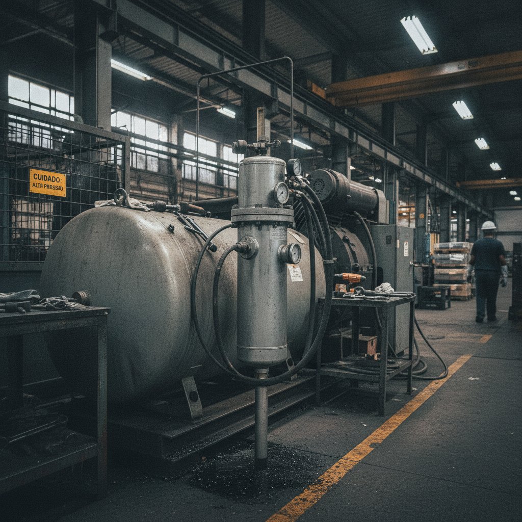 Detalhe do sistema de filtragem e separador de óleo de compressor de parafuso industrial