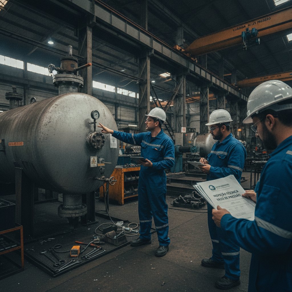 Engenheiro realizando inspeção técnica em vaso de pressão industrial com manômetro e válvula de segurança