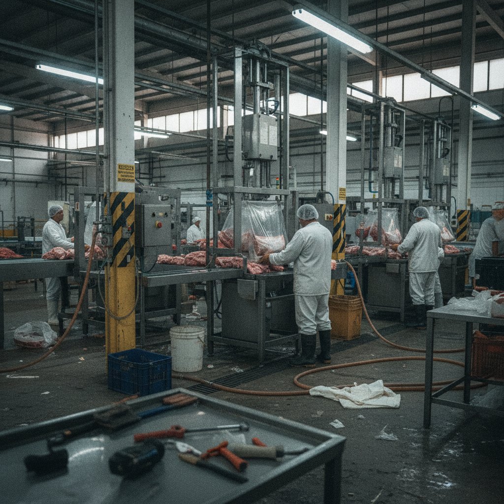 Linha de produção em frigorífico com equipamentos pneumáticos operando próximo a alimentos embalados