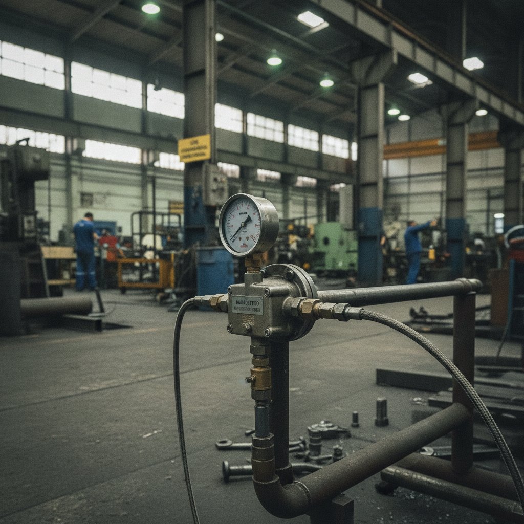 Regulador de pressão pneumático com manômetro mostrando ajuste da pressão de trabalho em linha de ar comprimido