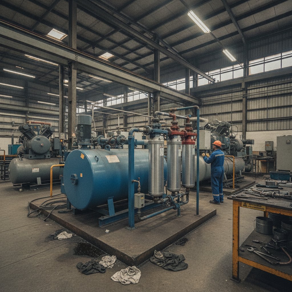 Secador de ar comprimido e filtros coalescentes instalados na saída do compressor industrial