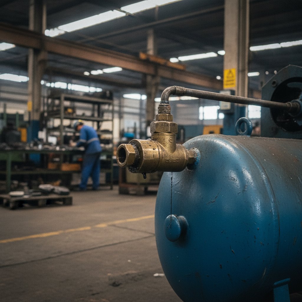 Válvula de segurança instalada no reservatório de um compressor de ar, com destaque para o anel de teste manual