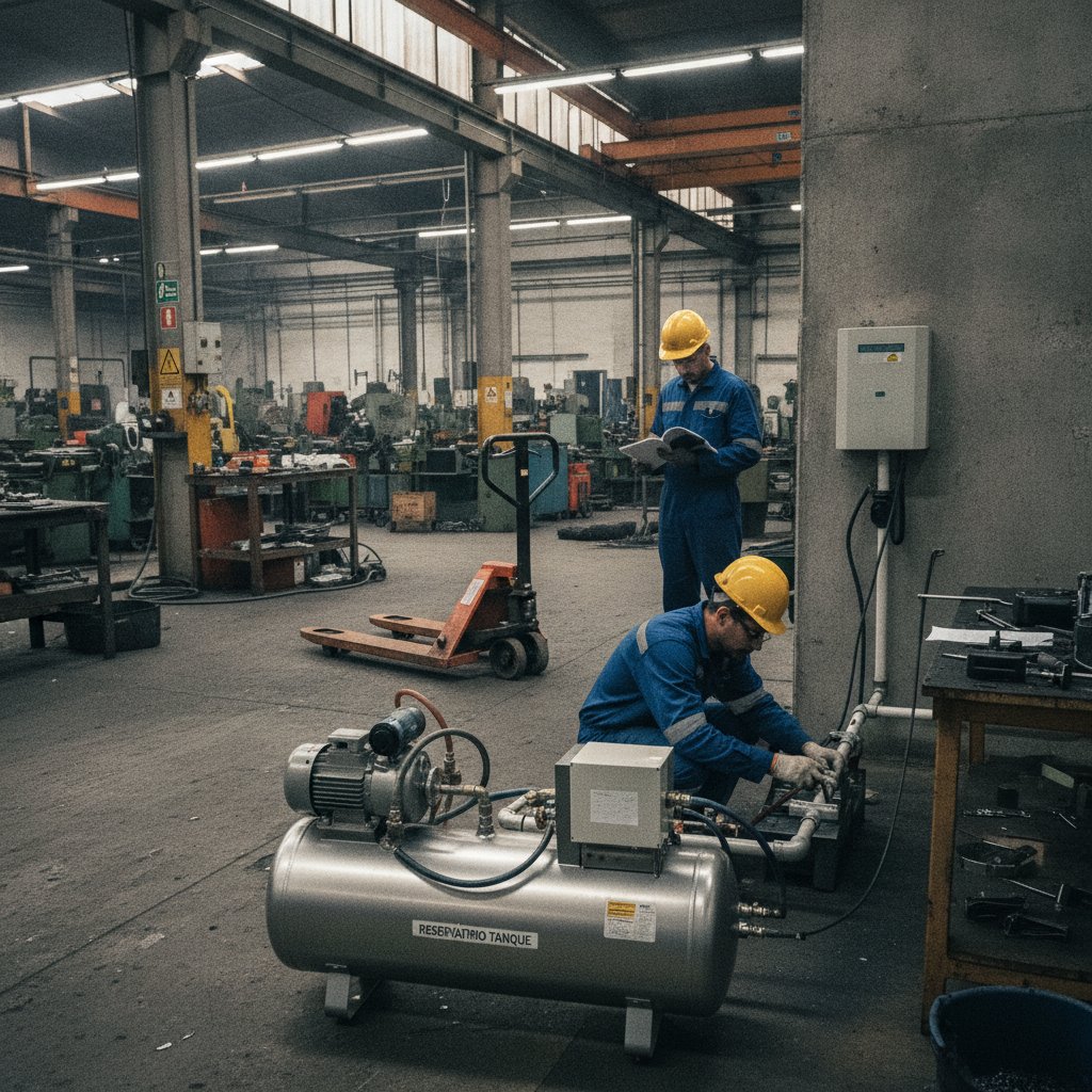 Compressor de ar com reservatório instalado em área técnica de clínica odontológica