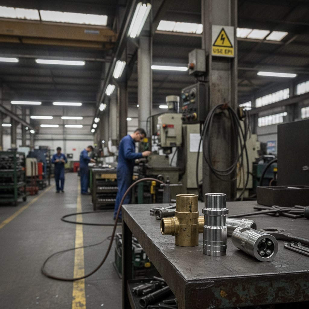 Engate rápido padrão industrial e padrão Euro para ar comprimido lado a lado, destacando diferença de tamanho e encaixe