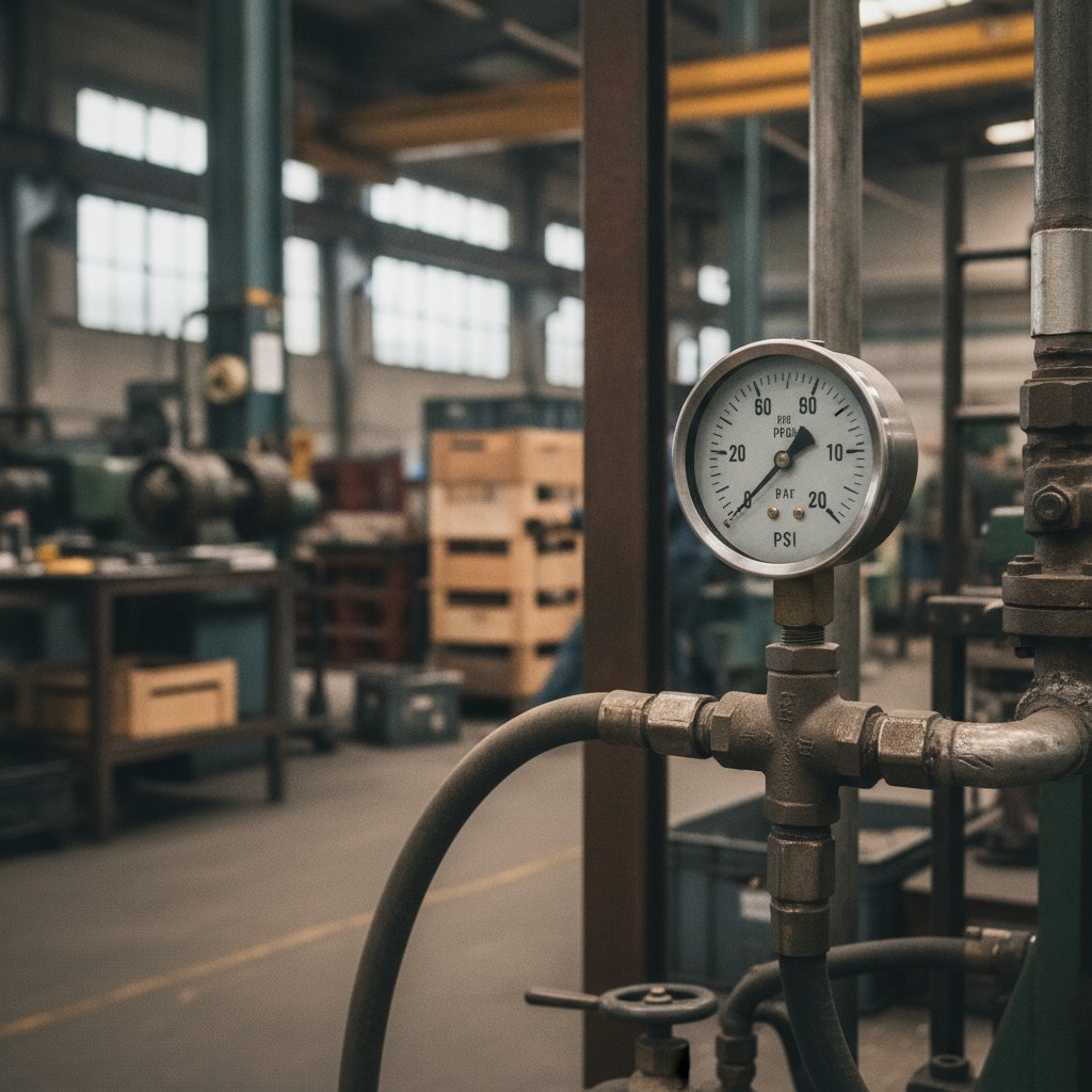 Manômetro de pressão em painel de compressor de ar, indicando a leitura de PCM e bar em operação