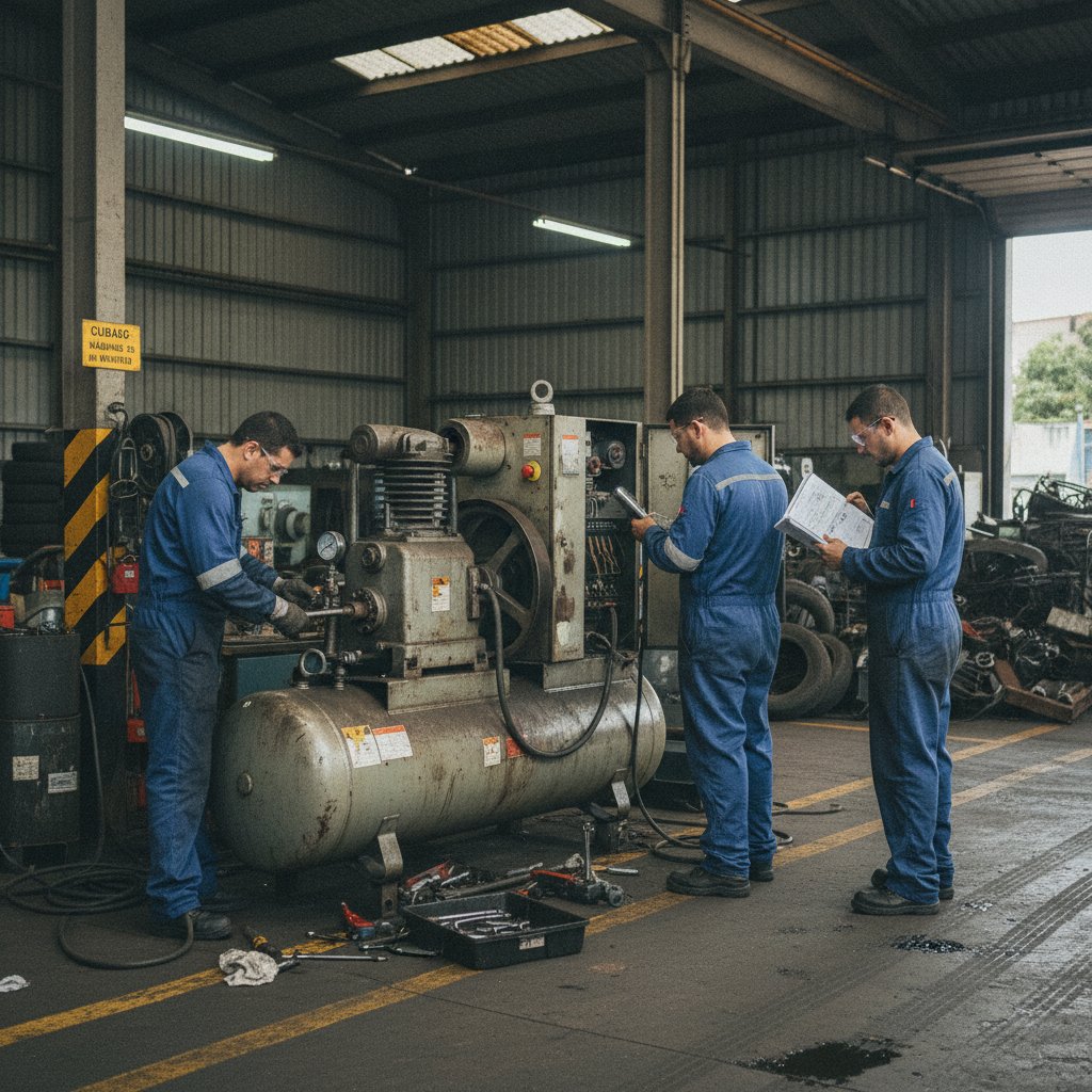 Técnico realizando inspeção de manutenção preventiva em compressor de ar em ambiente de oficina industrial