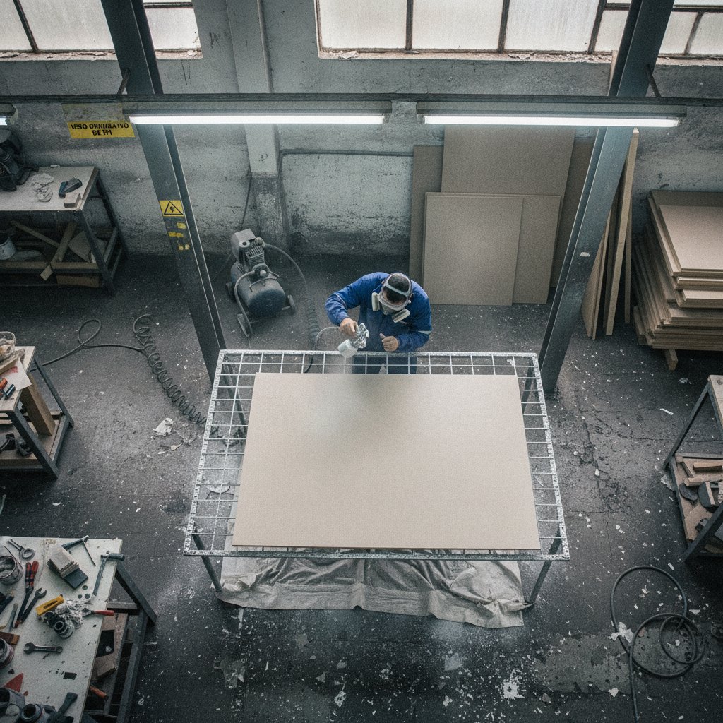 Operador usando pistola de pintura pneumática em painel de MDF em ambiente de movelaria industrial