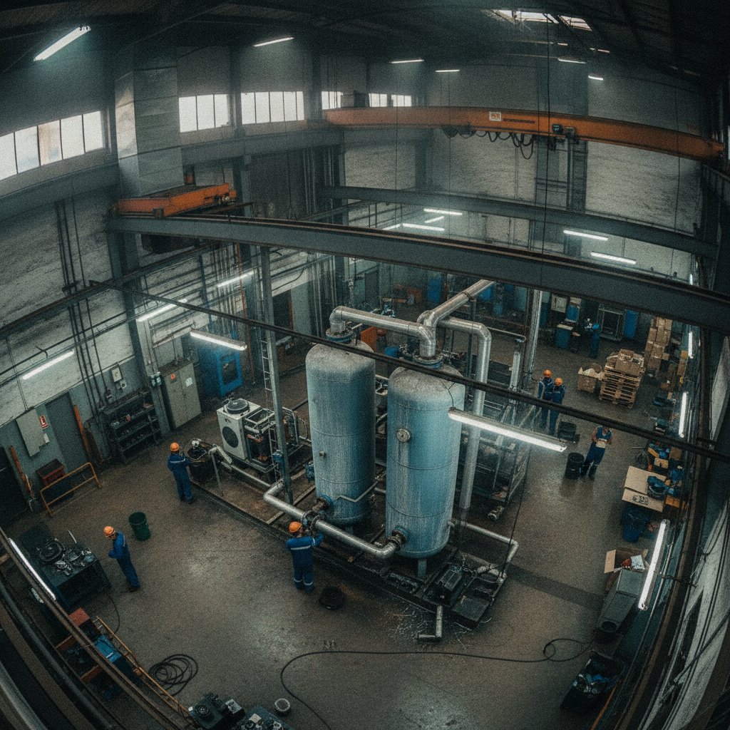 Secador de ar comprimido tipo adsorção instalado junto a compressor em ambiente de câmara fria industrial