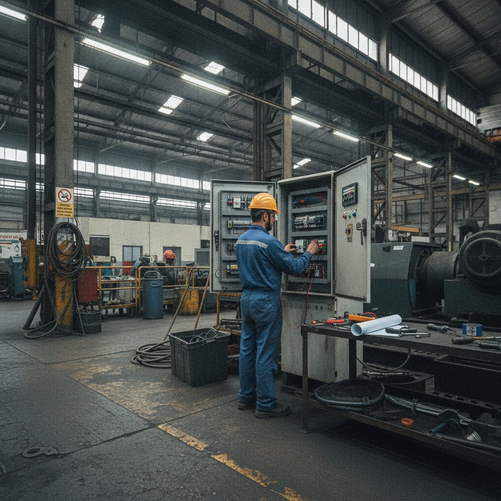 Técnico inspecionando painel elétrico de compressor de ar industrial em área industrial próxima ao mar