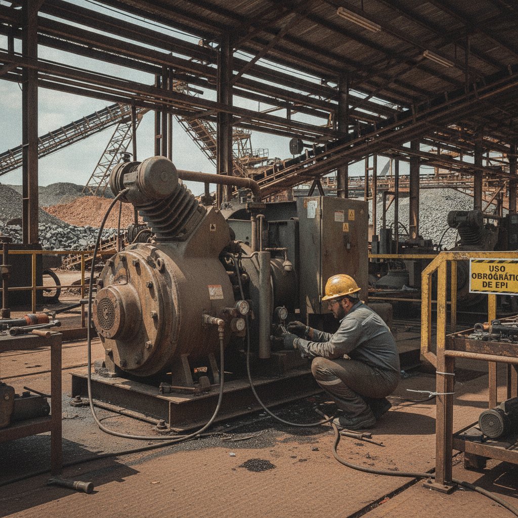 Técnico inspecionando compressor de ar industrial em operação de mineração ao ar livre