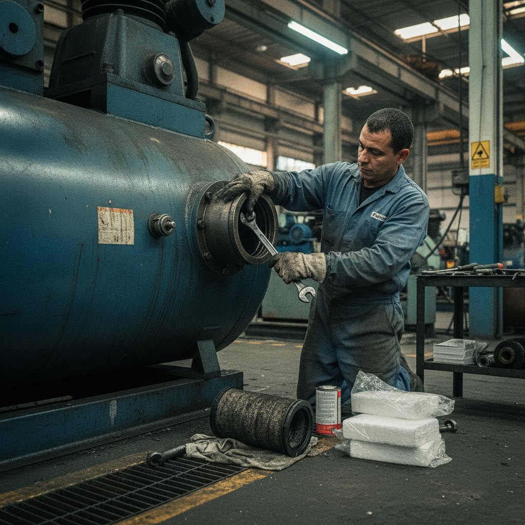 Técnico realizando manutenção preventiva em compressor de ar, com troca de elemento filtrante e registro em planilha