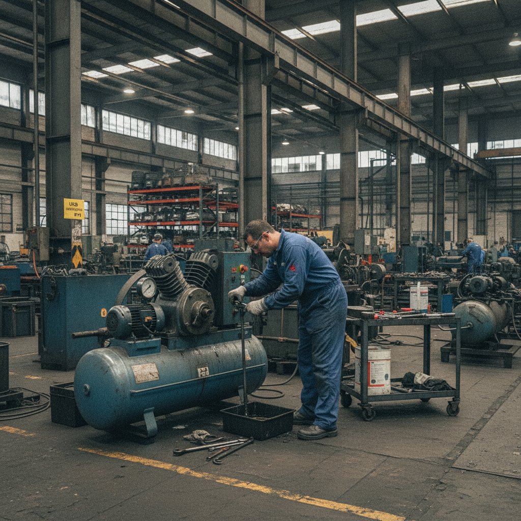 Técnico realizando troca de óleo em compressor de ar de pistão em oficina