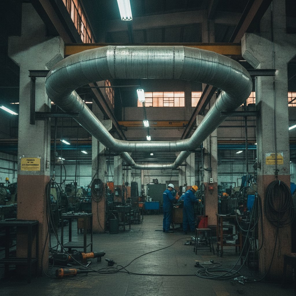 Tubulação de alumínio modular para ar comprimido em layout de anel fechado dentro de galpão industrial
