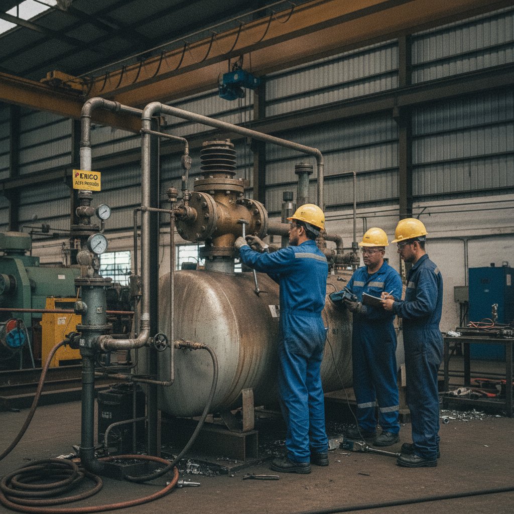 Válvula de segurança instalada em reservatório de compressor de ar para conformidade com NR-13
