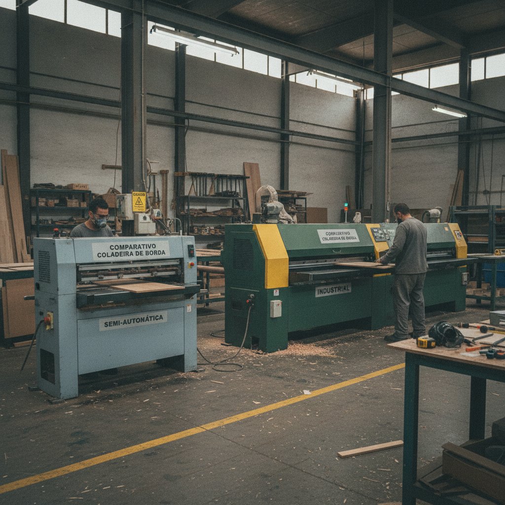 Comparação entre coladeira de borda semiautomática de marcenaria e modelo industrial, destacando diferença de porte e recursos