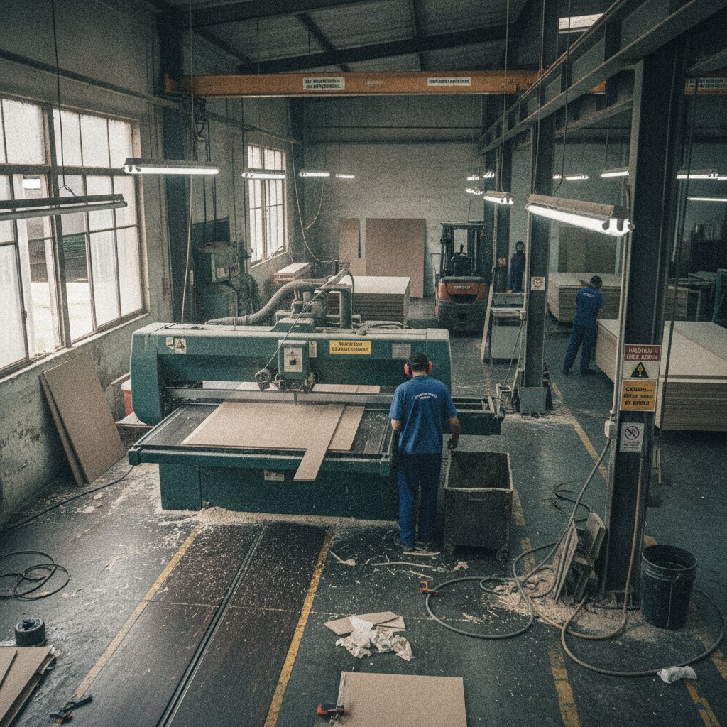 Esquadrejadeira de painel em operação cortando chapa de MDF em marcenaria industrial