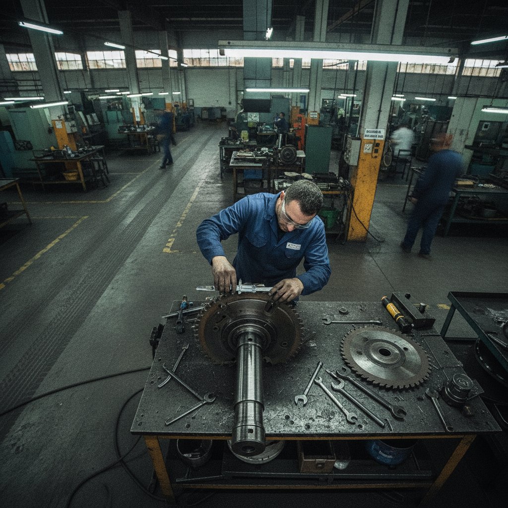 Técnico inspecionando eixo porta-disco de serra circular de bancada usada com paquímetro
