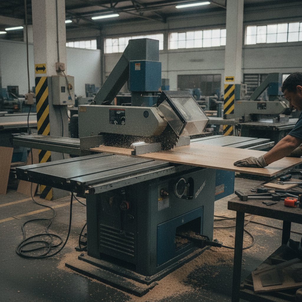 Detalhe da mesa deslizante de esquadrejadeira conduzindo chapa MDF até a lâmina