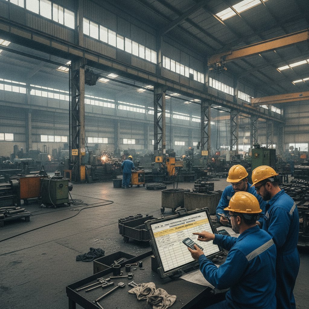 Gestor analisando planilha de custo total de equipamento industrial em escritório de marcenaria