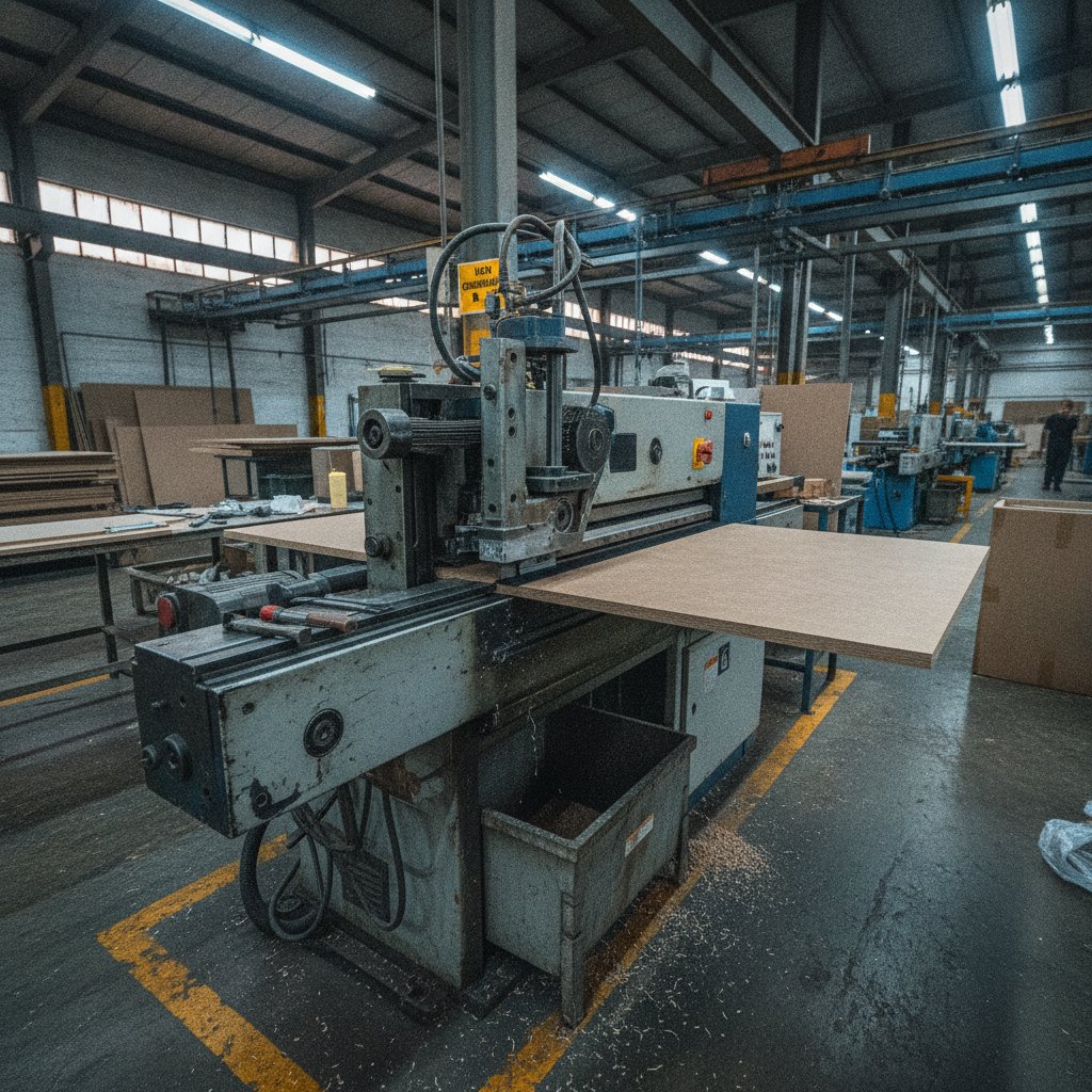 Detalhe do acabamento de fita de borda aplicada em painel de MDF durante teste de operação de coladeira usada