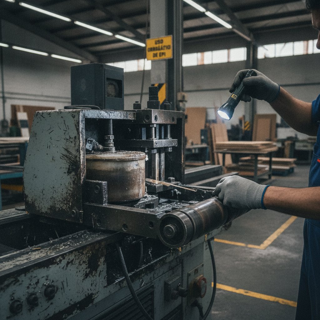 Técnico inspecionando tanque de cola e rolos de pressão de uma coladeira de borda usada antes de compra