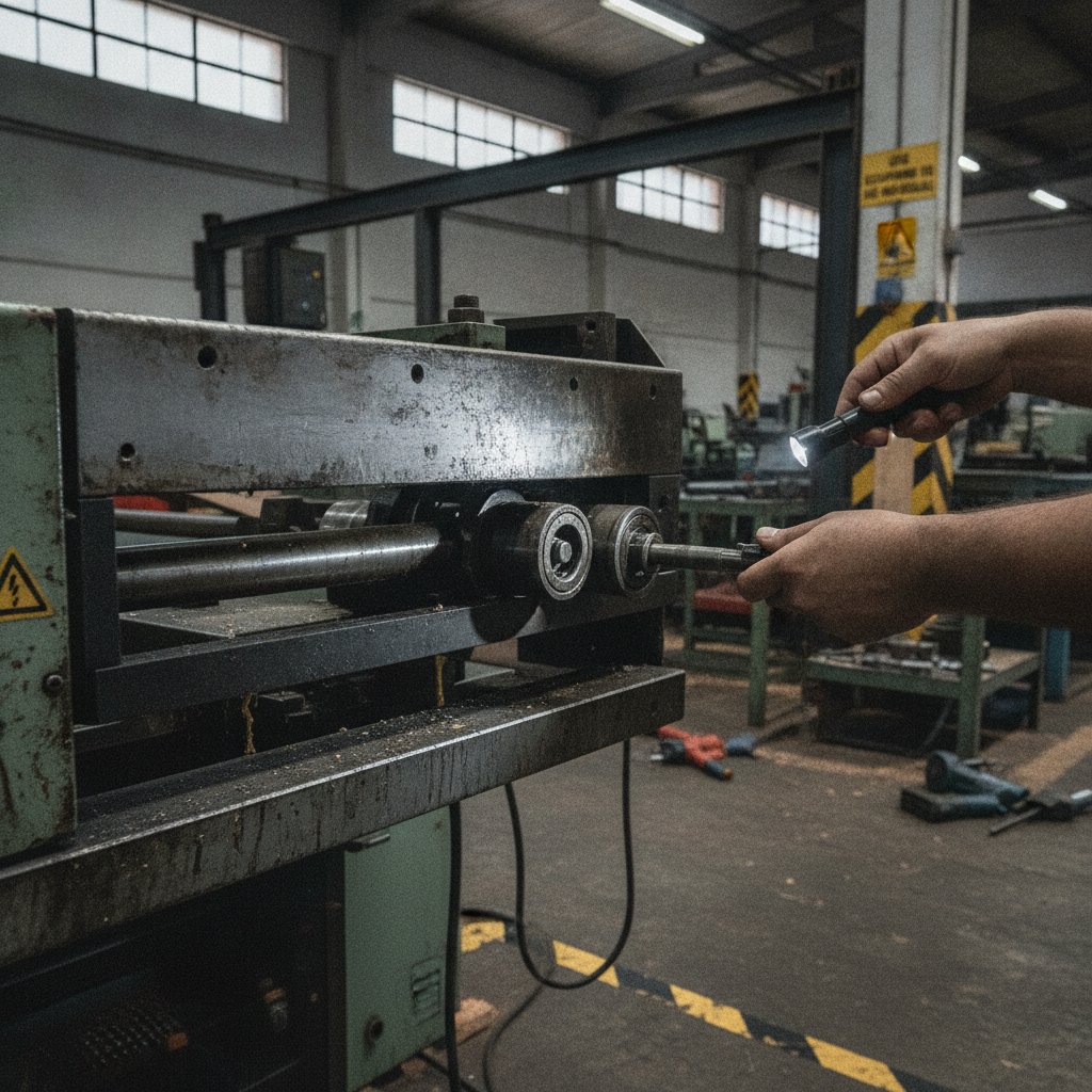 Técnico inspecionando os rolos de pressão de uma coladeira de borda usada antes da compra