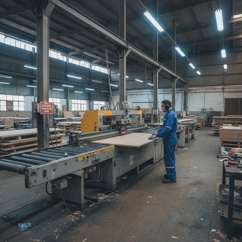 Operador alimentando coladeira de borda automática com peças de MDF em linha de produção moveleira