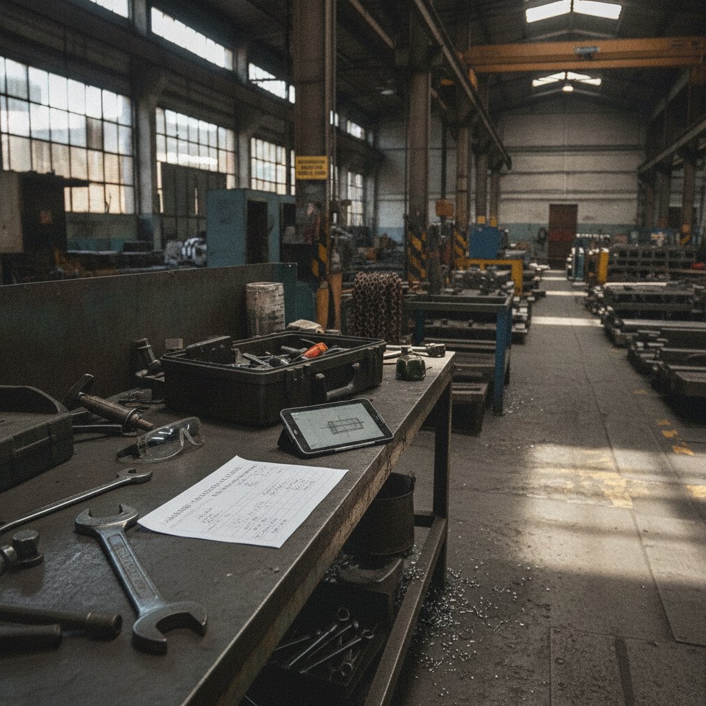 Planilha de cálculo de custo total de posse de máquina industrial sobre mesa de escritório de marcenaria