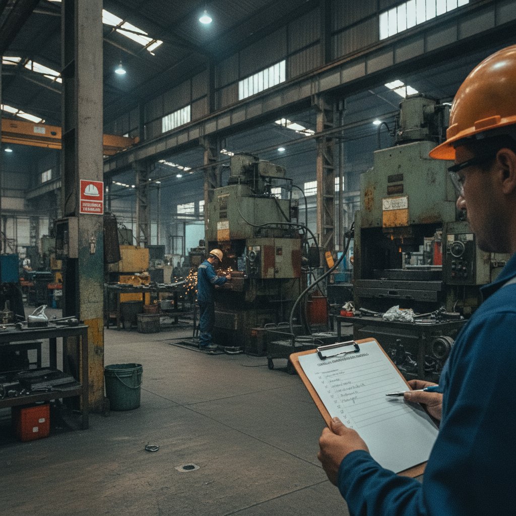 Técnico de segurança do trabalho conferindo checklist de inspeção de máquina industrial em prancheta