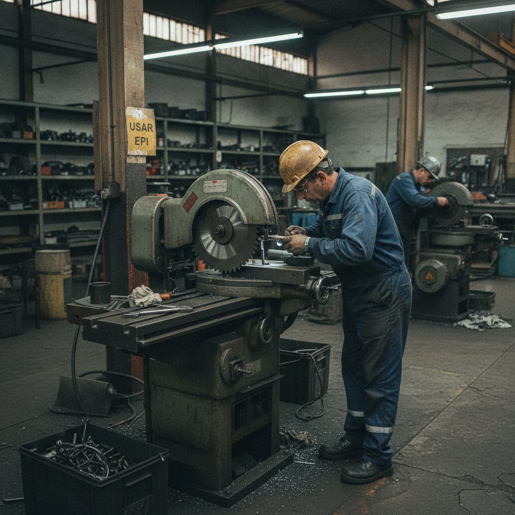 Técnico inspecionando mesa e eixo de serra circular de bancada usada antes da compra