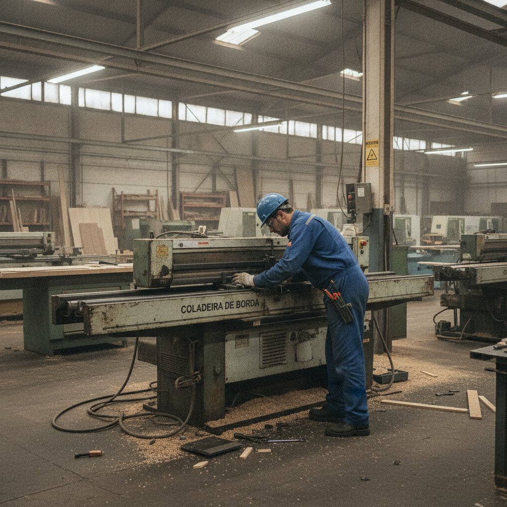 Técnico realizando inspeção em coladeira de borda usada antes de compra em marcenaria