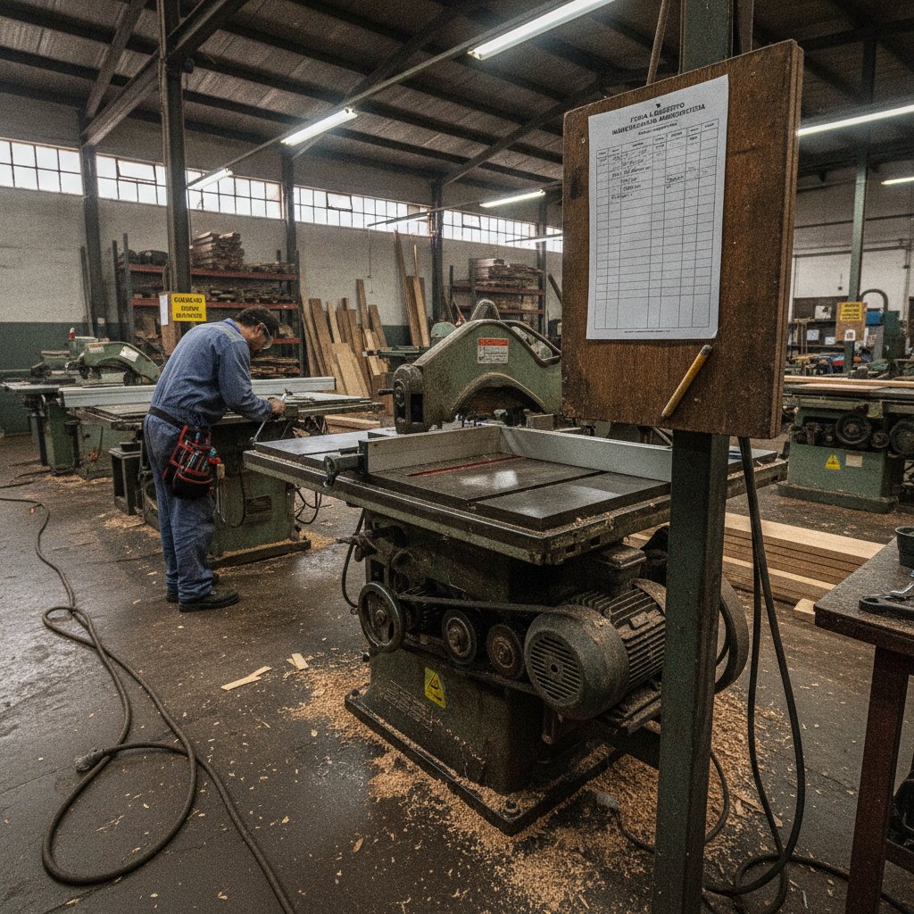Ficha de registro de manutenção preventiva fixada ao lado de coladeira de borda em marcenaria industrial