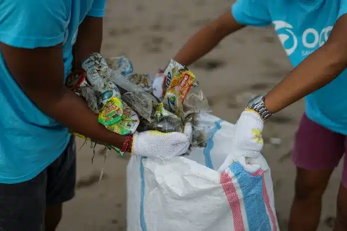 pessoas guardando garrafas plásticas em saco