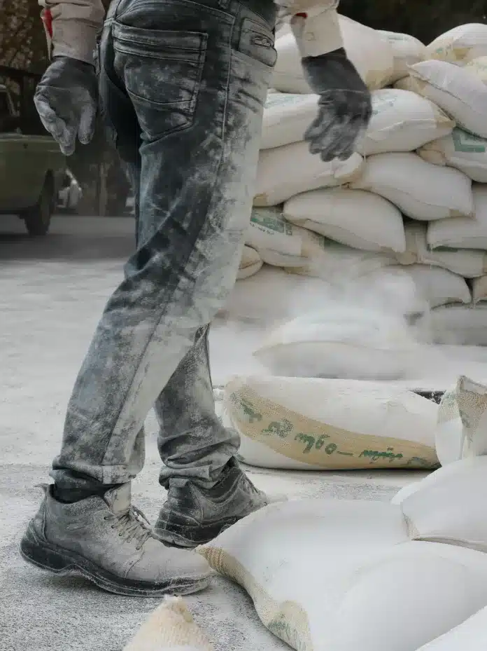 pernas de homem trabalhando em obra de construção