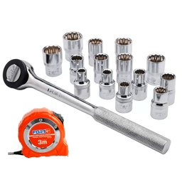 Combo Jogo de Soquetes 1/2 Pol. FG8987 15 Peças + Trena Profissional 3m x 16mm FORTGPRO-K1808