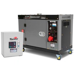 Combo Gerador de Energia Cabinado a Diesel 4T 498cc 7,5KVA Trifásico 220V Partida Elétrica + Painel de Transferência Automático 220V Trifásico TOYAMA-K3278