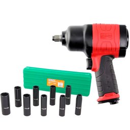 Combo Chave Parafusadeira de Impacto Duplo Martelete 1/2 Pol. 81,5Kgfm Linha Composite + Jogo Soquetes de Impacto 1/2 Pol. Longos com 9 Peças FORTGPRO-K3691