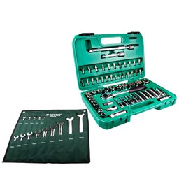 Jogo de Soquetes Sextavados com Encaixe de 1/2 Pol. + Acessórios com 58 Peças + Jogo de Chaves Combinadas de 8 a 24mm com 14 Peças SATA-K3822