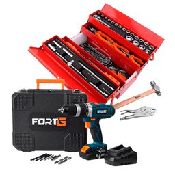 Combo Caixa de Ferramenta Sanfonada com 68 Peças + Parafusadeira /Furadeira de Impacto a Bateria 20V Lítio 1/2 Pol. com Maleta e Carregador Rápido FORTGPRO-K4218