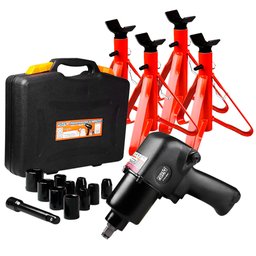 Combo Jogo Chave Parafusadeira de Impacto Pneumática 1/2 Pol. FG3300 com 11 Acessórios e Maleta + 4 Cavaletes de 2 Toneladas FORTGPRO-K4341