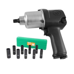 Combo Chave de Impacto Pneumática com Encaixe de 1/2 Pol. 8000RPM + Jogo Soquetes de Impacto 1/2 Pol. Longos com 9 Peças KINGTONY-K4795
