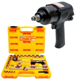 Combo Chave Parafusadeira de Impacto Pneumática de 1/2 Pol. - 79,6Kgfm 8.000RPM + Jogo de Soquetes Estriados de 1/2 Pol. 31 Peças FORTGPRO-K3694
