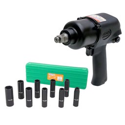 Combo Chave Parafusadeira de Impacto Pneumática de 1/2 Pol. - 79,6Kgfm 8.000RPM + Jogo Soquetes de Impacto 1/2 Pol. Longos com 9 Peças FORTGPRO-K3695